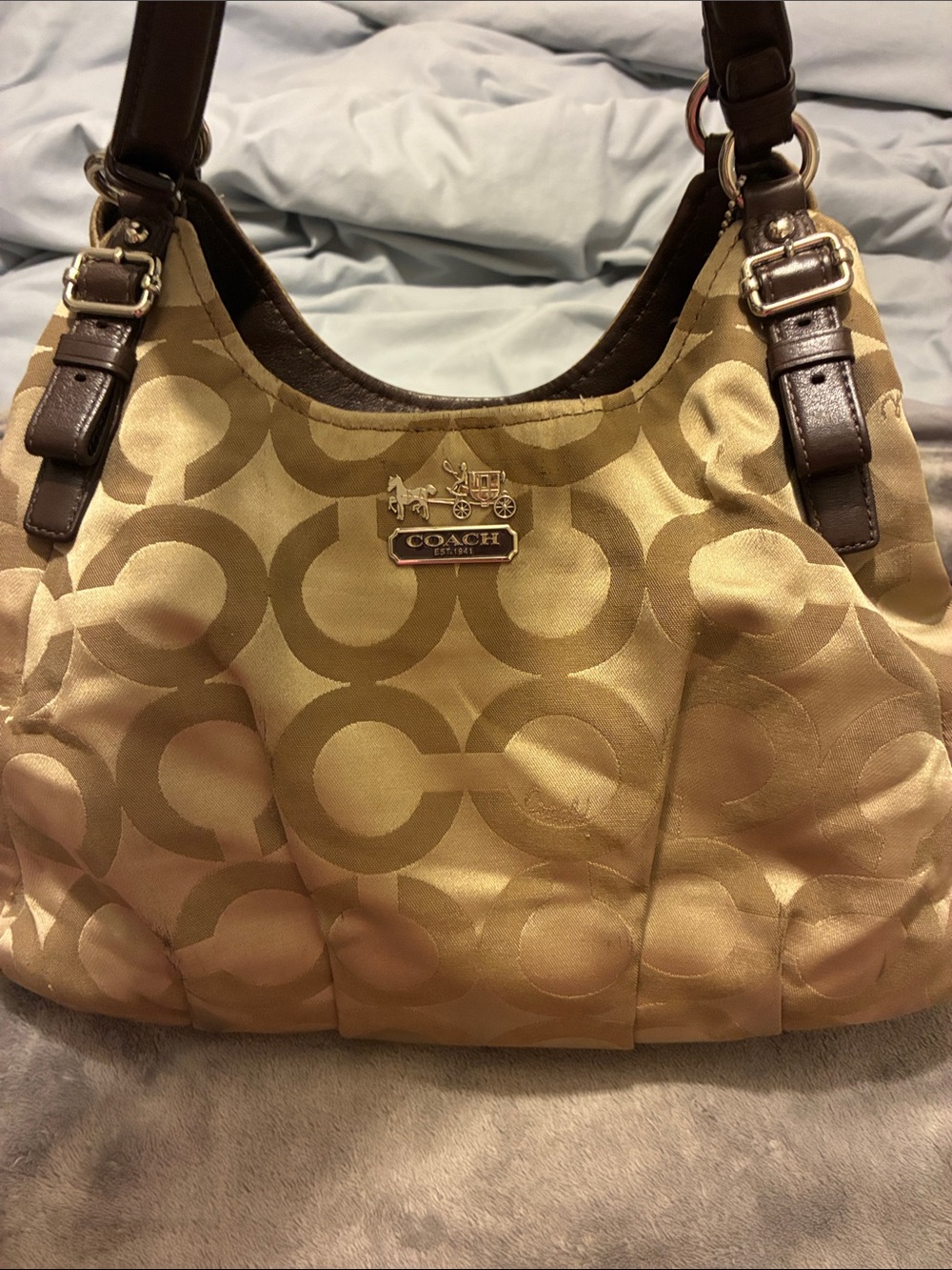 Coach Gold and Brown Circle Jacquard Shoulder Bag